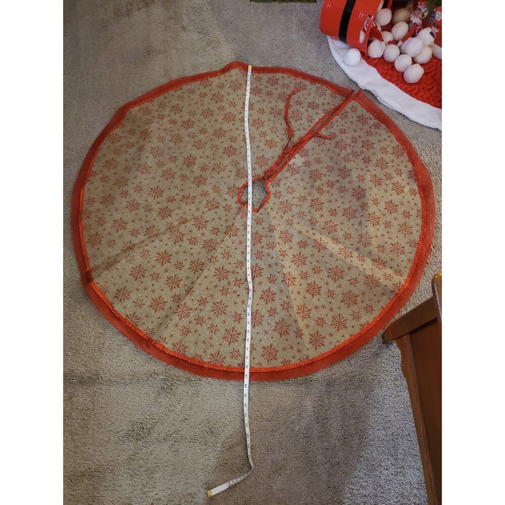 48" Burlap Red Glitter Snowflake Christmas Tree Skirt Boho Holiday Country Glam